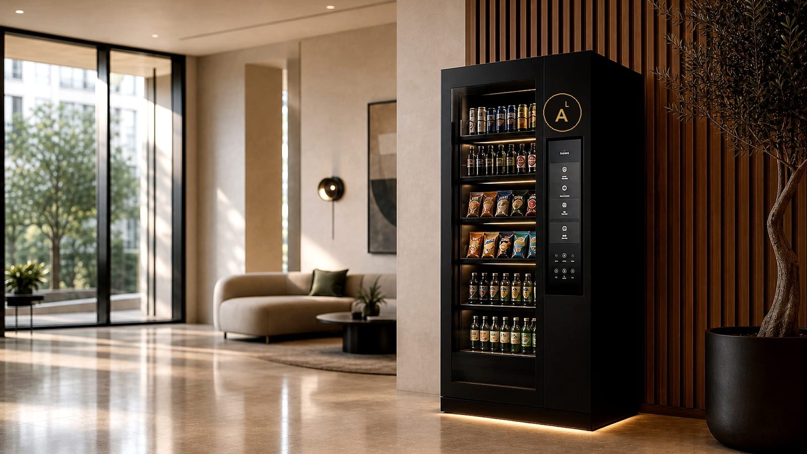 Amenity Loop cashless convenience installation in a modern residential lobby